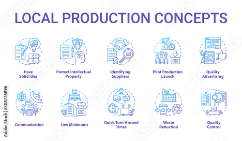 Local production concept icons set. Planning and launching small business. Commercial activity. Company management idea thin line illustrations. Vector isolated outline drawings
