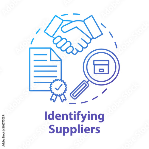 Identifying supplies concept icon. Trade agreement. Make deal. Partnership. Contract for delivery raw materials and goods idea thin line illustration. Vector isolated outline drawing