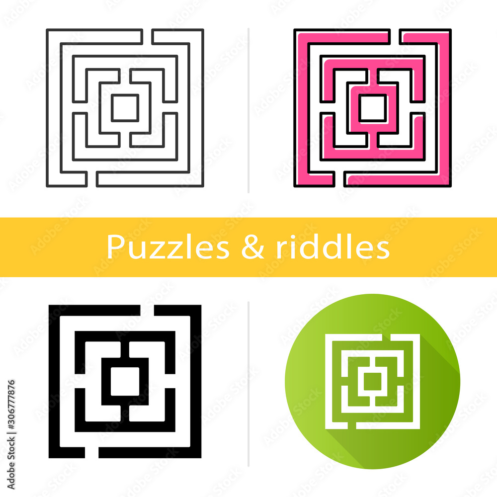 Maze puzzle icon. Labyrinth. Route, pathway finding. Mental exercise, challenge. Ingenuity, intelligence test. Brain teaser. Flat design, linear and color styles. Isolated vector illustrations Maze puzzle icon. Labyrinth. Route, pathway finding. Mental exercise, challenge. Ingenuity, intelligence test. Brain teaser. Flat design, linear and color styles. Isolated vector illustrations