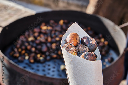 Roasted chestnut in autumn in Barbagia, Belvì, Sardinia, Italy