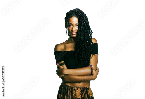 African American woman with dreadlocks looking at the camera photo