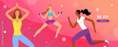 Gym banner with beautiful dynamic women doing sport exercises