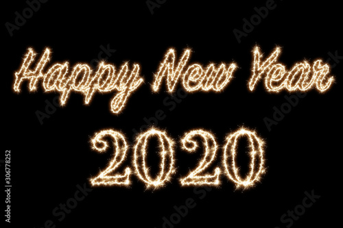 2020 written with Sparkle firework on black background, happy new year 2019 concept