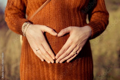 Pregnant woman in the park forest in autumn sunny day. Hold pregnant belly. Pregnancy concept