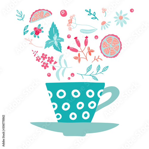 Cup with herbal ingredients - chamomile  lemon  mint  cranberries and barberries  cloudberries  fireweed  linden. Hand drawn doodle color herb illustration.