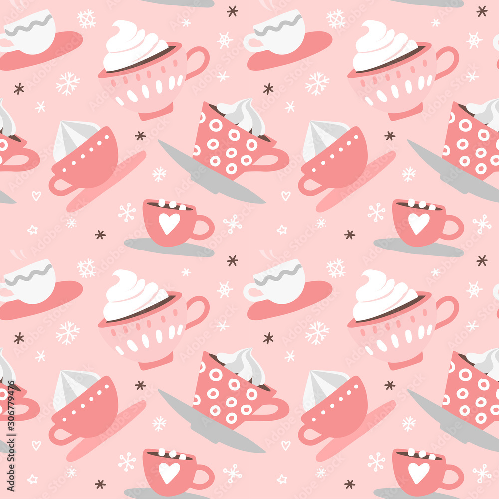 Naklejka premium Seamless pattern with hand drawn pink Valentine's Day romantic cute cups, mugs, hearts, coffee, cocoa and more. Vector illustration background in pink and white colors