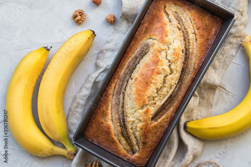 Fresh homemade banana bread in baking form