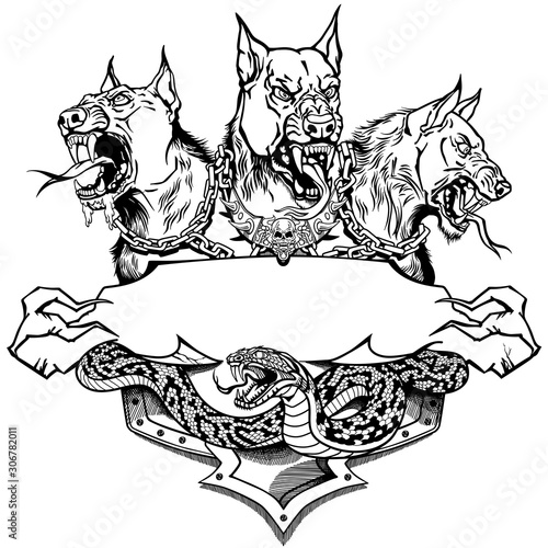 Cerberus hell hound and angry snake. Mythological three headed dog the guard of entrance to hell. Hound of Hades. Logo, banner, emblem with ribbon scroll. Shirt design template. Black and white vector