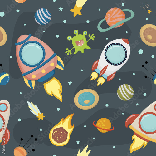 Space - vector seamless background, in a childish style flat