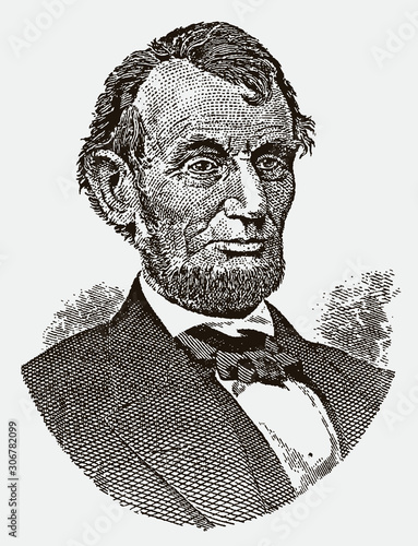 Historical portrait of Abraham Lincoln, the american president. Illustration after an engraving from the 19th century