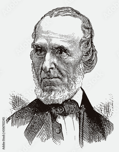 Historical portrait of John Greenleaf Whittier, the american poet. Illustration after an engraving or lithography from the 19th century