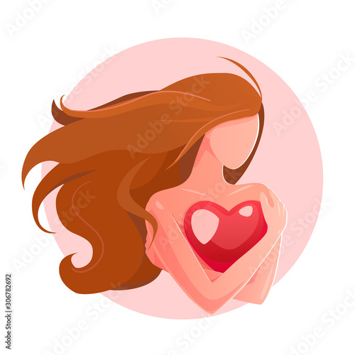 Love yourself concept. Girl Healthcare Vector illustration. Woman hugging herself with heart, white isolated background. lonely valentines greeting card. self-esteem mental health logo.