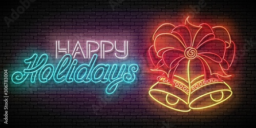 Glow Greeting Card with Two Christmas Bells, Bow and Inscription