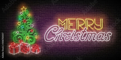 Glow Greeting Card with Christmas Tree, Gifts and Inscription
