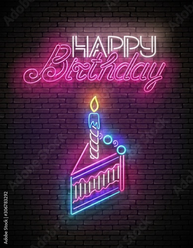 Glow Greeting Card with Piece of Cake, Candle and Happy Birthday Inscription