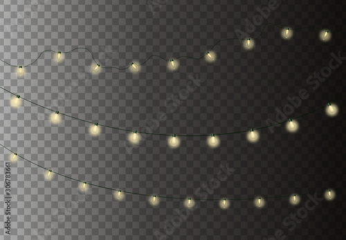 Christmas lights. Set of glowing holiday lights garlands isolated on transparent background. Vector illustration