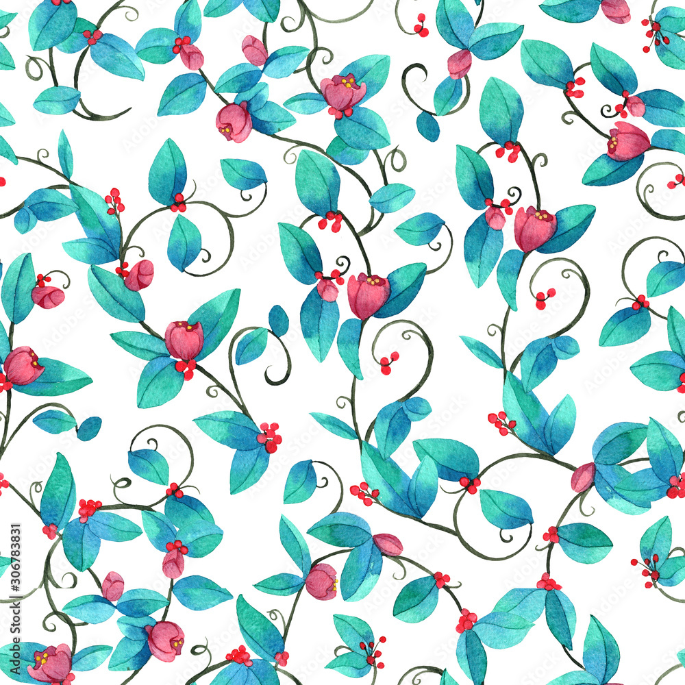 Seamless pattern with watercolor leaves and flowers. Botanical pattern for textile, fabric, invation, postcard, poster. Flower fashion patarn. Background with spring branch. 