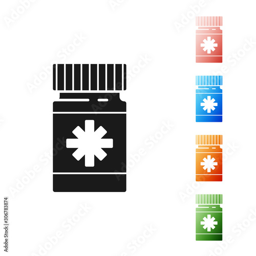 Black Dog medicine bottle and pills icon isolated on white background. Container with pills. Prescription medicine for animal. Set icons colorful. Vector Illustration