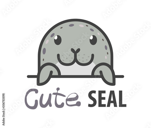 Logo template with cute curious harbor seal. Vector logo design arctic animal template for zoo, veterinary clinics, etc. Cartoon animal logo illustration.