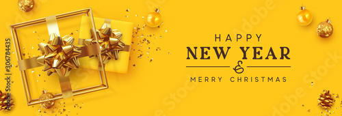 Happy New Year. Holiday banner Merry Christmas. Xmas design realistic gift boxes, 3d hollow gift-shaped cube, gold balls, glitter gold confetti. Festive Horizontal poster, header for website
