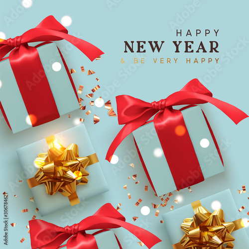 Happy New Year. Holiday Background with realistic gift boxes, golden glitter confetti, bokeh lights. Happy New Year and Be Very Happy.