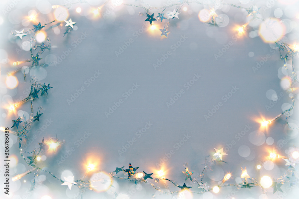 Fototapeta premium Abstract colorful bokeh frame on gray background.