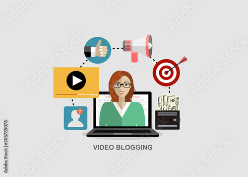 Video blogging concept.Idea of creating videos and vlogs. Illustartion with icons. Creative modern flat vector illustration
