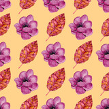 Watercolor seamless pattern with  leaves and pink flowers isolated on orange background. Hand painted illustration. 