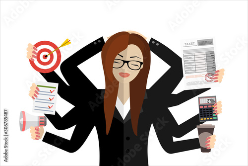 Happy business woman with many hands. Multitasking and productivity concept. Vector flat design illustration.