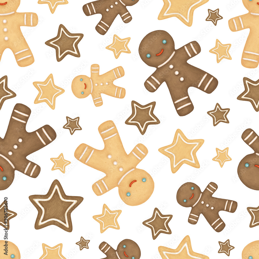 Fototapeta premium Christmas seamless pattern with gingerbread men. Gingerbread men on a white background