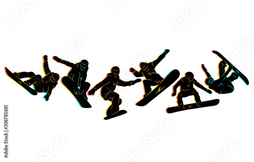 Snowboard, snowboarders, snowboarding extreme winter sport people silhouettes vector illustration, riding a board, tricks