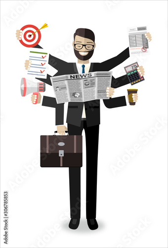 Happy businessman with many hands holding papers, briefcase, mobile phone. Multitasking and productivity concept. Vector flat design illustration.