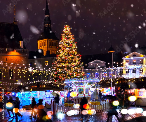 Photography Christmas city market place in Tallinn town Hall Square, Illuminated tree,night