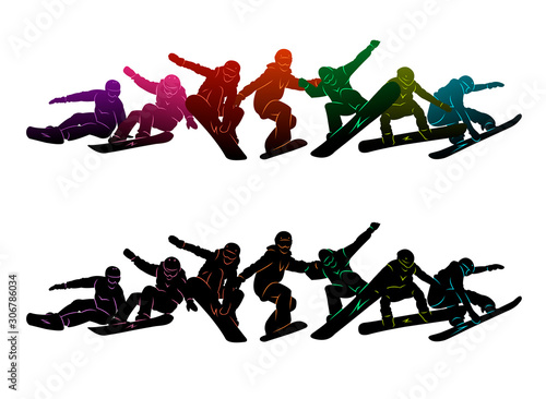 Snowboard, snowboarders, snowboarding extreme winter sport people silhouettes vector illustration, riding a board, tricks