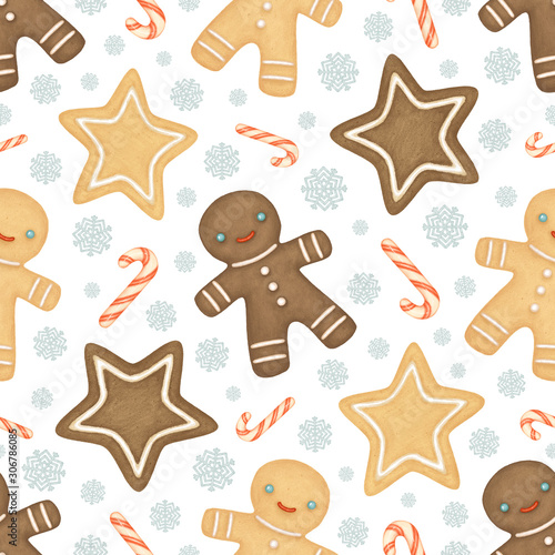 Gingerbread men, candy canes, and snowflakes on a white background. Christmas seamless pattern with gingerbread men