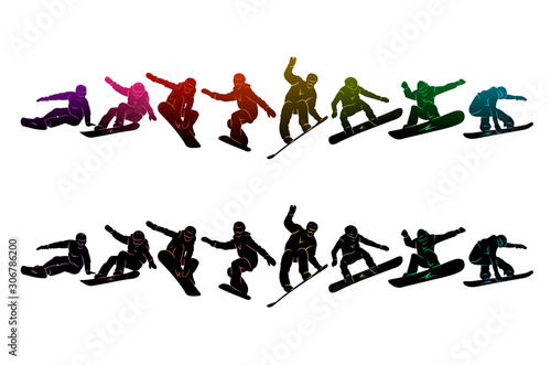 Snowboard, snowboarders, snowboarding extreme winter sport people silhouettes vector illustration, riding a board, tricks