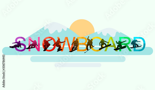 Snowboard, snowboarders, snowboarding extreme winter sport people silhouettes vector illustration, riding a board, tricks