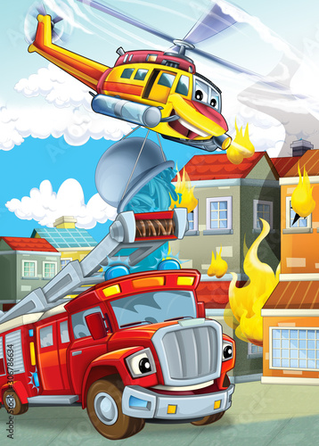 cartoon stage with different machines for firefighting helicopter and fire truck colorful scene illustration for children