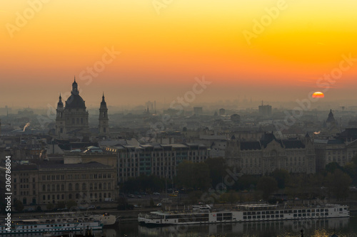 Hazy morning and sunrise over St Stephen's Basilica in Budapest, Hungary