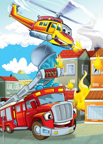 Fototapeta Naklejka Na Ścianę i Meble -  cartoon stage with different machines for firefighting helicopter and fire truck colorful scene illustration for children