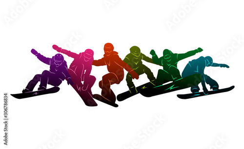 Snowboard, snowboarders, snowboarding extreme winter sport people silhouettes vector illustration, riding a board, tricks