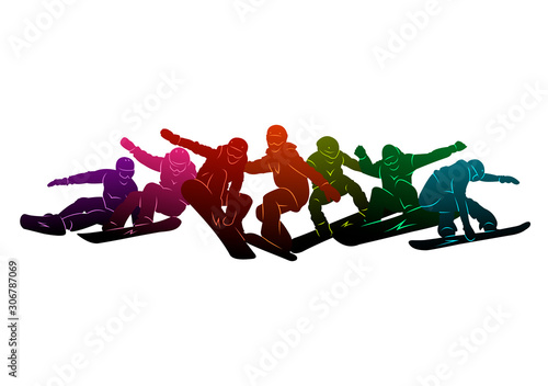 Snowboard, snowboarders, snowboarding extreme winter sport people silhouettes vector illustration, riding a board, tricks