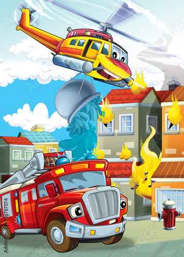 cartoon stage with different machines for firefighting helicopter and fire truck colorful scene illustration for children © honeyflavour