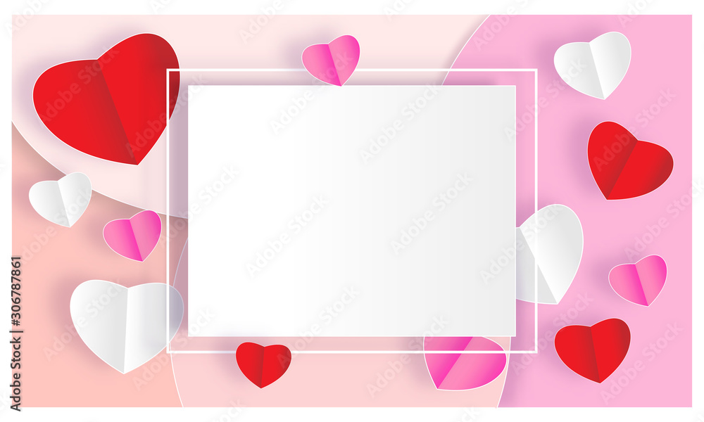 Happy Valentines Day colorful paper cut background. Design for greeting cards, banner and poster with wavy layers. Vector 