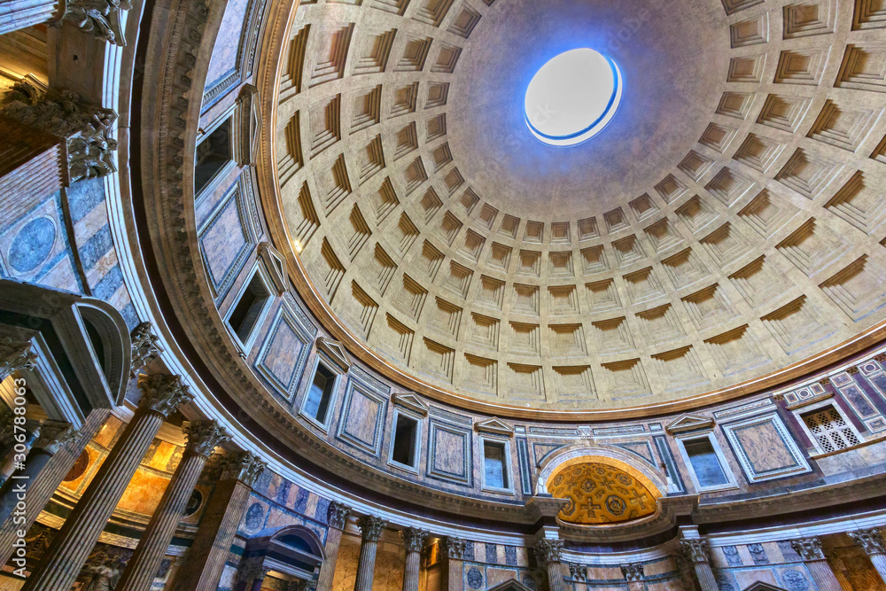 Ancient architectural masterpiece of Pantheon in Roma, Italy. Panorama of inside interior. Dome. Rome, Italy.