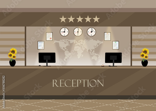 Interior of modern reception, computer, keypad, clocks, service bell. Hotel hostel guesthouse lobby, tourism concept. Vector illustration in flat design
