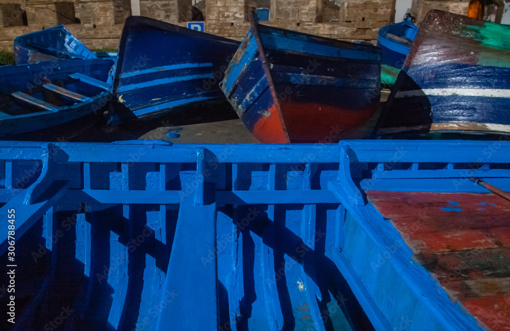 Colorful fishing boats at night in the port of Essaouira Morocco Africa