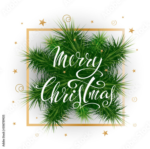 Merry Christmas! Congratulatory poster with festive seasonal paraphernalia and lettering. Vector image.