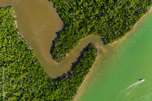 Drone photo of the Florida Keys and Everglades with mangroves and sandbars 