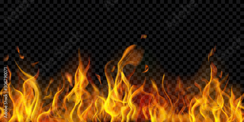 Fototapeta Translucent fire flames and sparks with horizontal repetition on transparent background